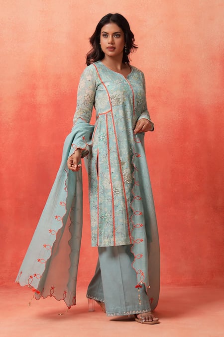 Buy_Shetab Kazmi_Aqua Chanderi, Cotton Embroidery Split V-neck Hand Kurta Pant Set _Online_at_Aza_Fashions