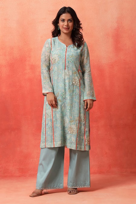 Shop_Shetab Kazmi_Aqua Chanderi, Cotton Embroidery Split V-neck Hand Kurta Pant Set _Online_at_Aza_Fashions