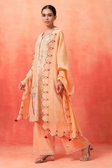 Buy_Shetab Kazmi_Peach Chanderi, Cotton Embroidery, Tassels Split V-neck Panelled Kurta Pant Set _Online_at_Aza_Fashions
