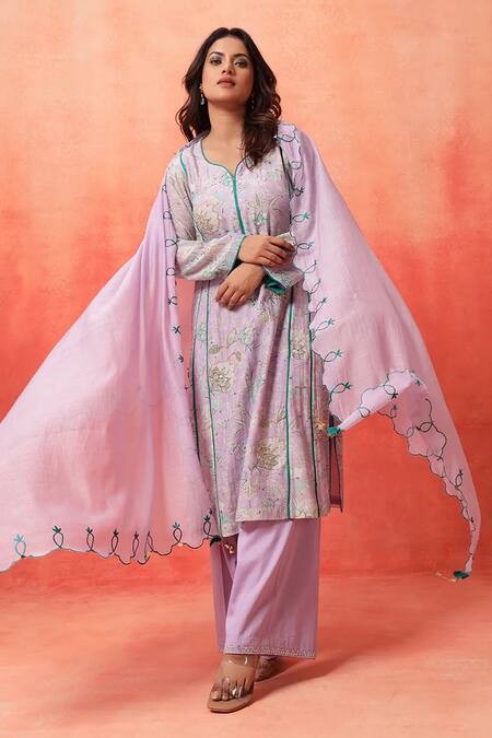 Buy_Shetab Kazmi_Mauve Chanderi, Cotton Embroidery Split V-neck Hand Kurta Pant Set _Online_at_Aza_Fashions