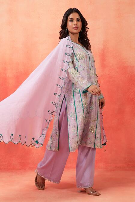 Shop_Shetab Kazmi_Mauve Chanderi, Cotton Embroidery Split V-neck Hand Kurta Pant Set _Online_at_Aza_Fashions