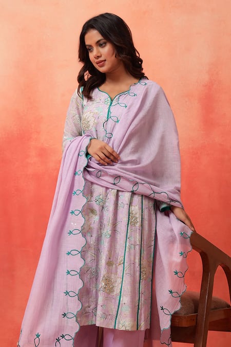 Shetab Kazmi_Mauve Chanderi, Cotton Embroidery Split V-neck Hand Kurta Pant Set _at_Aza_Fashions