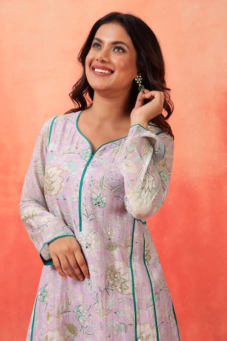 Buy_Shetab Kazmi_Mauve Chanderi, Cotton Embroidery Split V-neck Hand Kurta Pant Set 