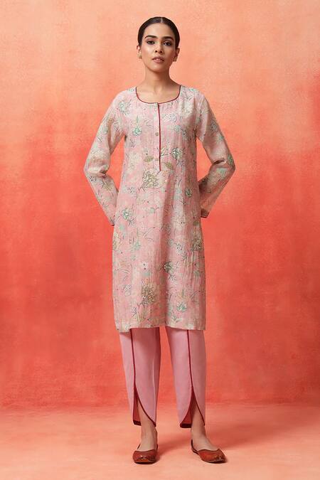 Shetab Kazmi_Pink Chanderi, Cotton Embroidery Round Neck Floral Print Kurta Tulip Pant Set _Online_at_Aza_Fashions