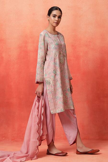 Shop_Shetab Kazmi_Pink Chanderi, Cotton Embroidery Round Neck Floral Print Kurta Tulip Pant Set _Online_at_Aza_Fashions