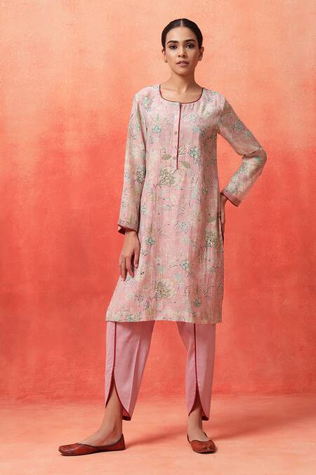 Shetab Kazmi_Pink Chanderi, Cotton Embroidery Round Neck Floral Print Kurta Tulip Pant Set _at_Aza_Fashions