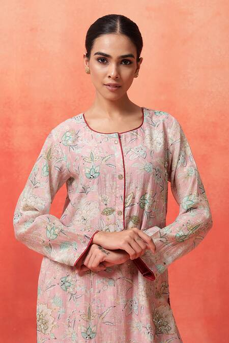 Buy_Shetab Kazmi_Pink Chanderi, Cotton Embroidery Round Neck Floral Print Kurta Tulip Pant Set 