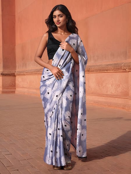 Naintara Bajaj Lavender Chinon Tassels V-neck Floral Print Pre-draped Saree With Blouse 