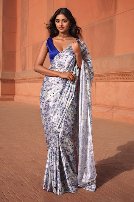 Naintara Bajaj White Chinon V-neck Floral Print Pre-draped Saree With Blouse 