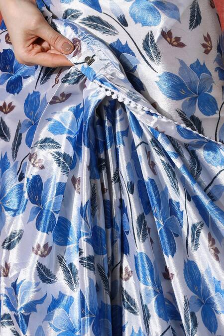 Buy_Naintara Bajaj_White Chinon Pom-poms V-neck Floral Print Pre-draped Saree With Blouse _Online_at_Aza_Fashions