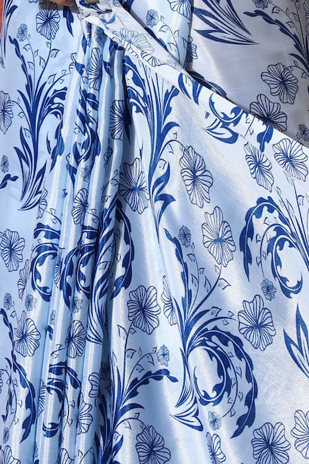 Shop_Naintara Bajaj_White Chinon V-neck Floral Print Pre-draped Saree With Blouse _Online_at_Aza_Fashions