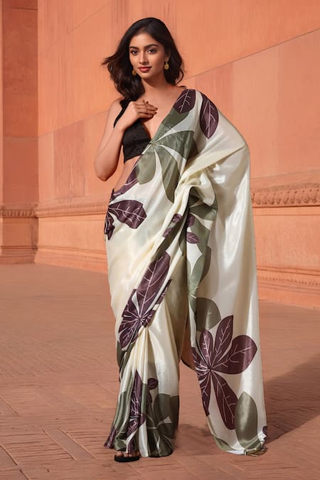 Naintara Bajaj Off White Chinon V-neck Floral Bloom Print Pre-draped Saree With Blouse 