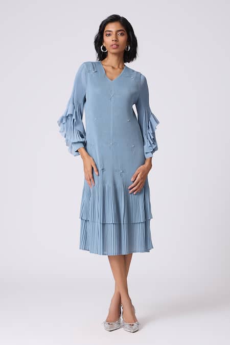 Scarlet Sage Blue Polyester Fabric Flowers V-neck Sofia Layered Dress 