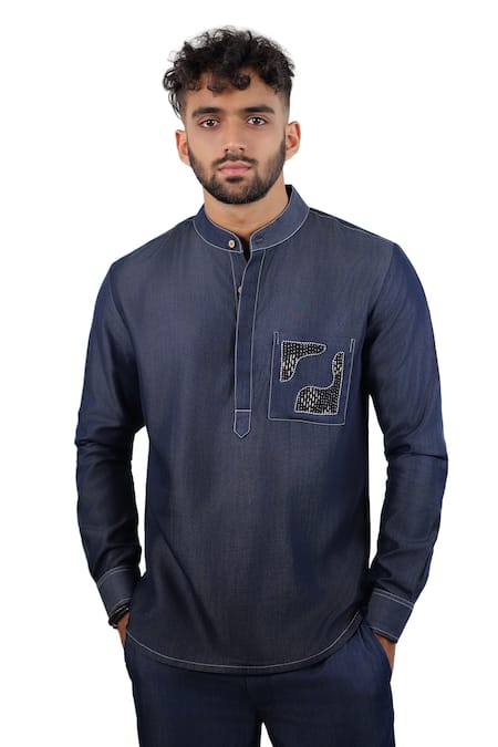 Raw & Rustic By Niti Bothra Navy Tencel Embroidery, Patchwork Dark Blue Denim Kantha Pocket Kurta Shirt 
