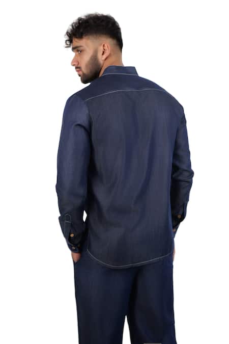 Raw & Rustic By Niti Bothra Dark Blue Denim Kantha Pocket Patchwork Kurta Shirt 