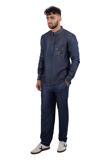 Raw & Rustic By Niti Bothra_Navy Tencel Embroidery, Patchwork Dark Blue Denim Kantha Pocket Kurta Shirt _Online_at_Aza_Fashions
