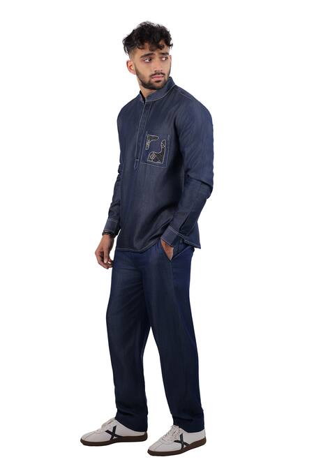 Buy_Raw & Rustic By Niti Bothra_Navy Tencel Embroidery, Patchwork Dark Blue Denim Kantha Pocket Kurta Shirt _Online_at_Aza_Fashions