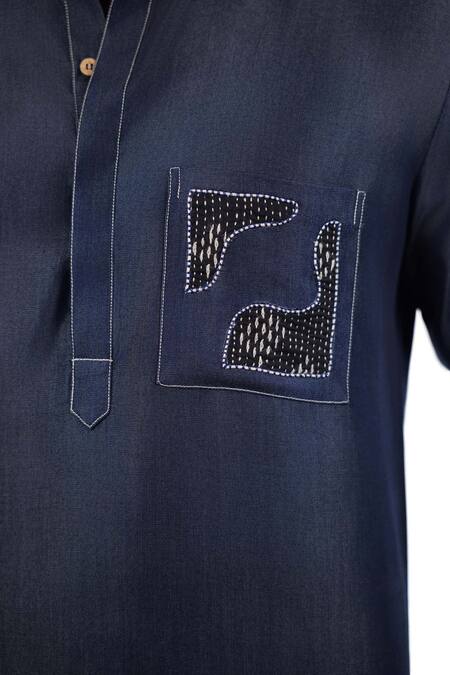 Shop_Raw & Rustic By Niti Bothra_Navy Tencel Embroidery, Patchwork Dark Blue Denim Kantha Pocket Kurta Shirt _Online_at_Aza_Fashions