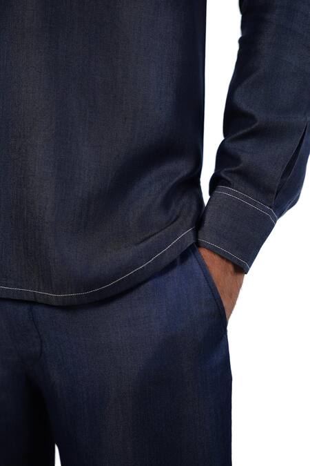 Raw & Rustic By Niti Bothra_Navy Tencel Embroidery, Patchwork Dark Blue Denim Kantha Pocket Kurta Shirt _at_Aza_Fashions