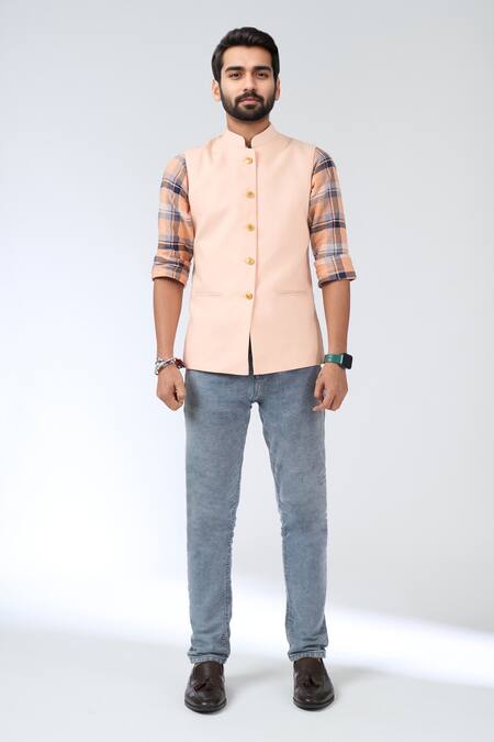 Shop_Khwaab By Sanjana Lakhani_Pink Polyester Buckles Sleeveless Nehru Jacket _Online_at_Aza_Fashions