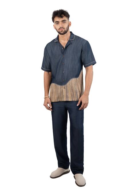 Raw & Rustic By Niti Bothra_Navy Tencel, Denim Patchwork Dark Blue Urban Shirt _at_Aza_Fashions