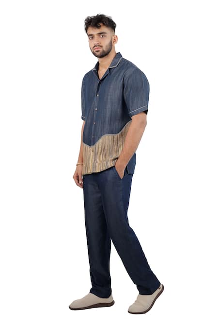 Buy_Raw & Rustic By Niti Bothra_Navy Tencel, Denim Patchwork Dark Blue Urban Shirt 