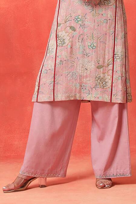 Shetab Kazmi_Pink Chanderi, Cotton Embroidery Split V-neck Floral Print Kurta Pant Set _Online_at_Aza_Fashions