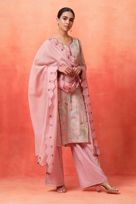 Buy_Shetab Kazmi_Pink Chanderi, Cotton Embroidery Split V-neck Floral Print Kurta Pant Set _Online_at_Aza_Fashions