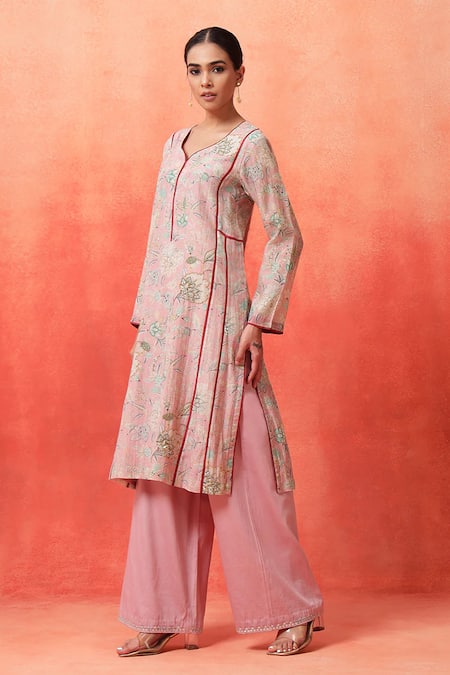 Shop_Shetab Kazmi_Pink Chanderi, Cotton Embroidery Split V-neck Floral Print Kurta Pant Set _Online_at_Aza_Fashions