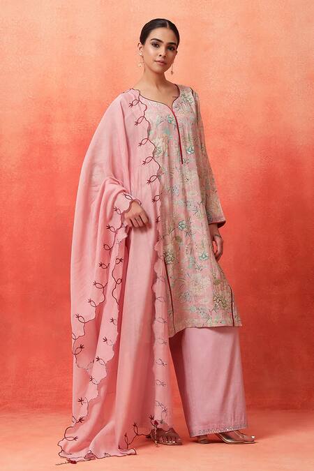 Buy_Shetab Kazmi_Pink Chanderi, Cotton Embroidery Split V-neck Floral Print Kurta Pant Set 
