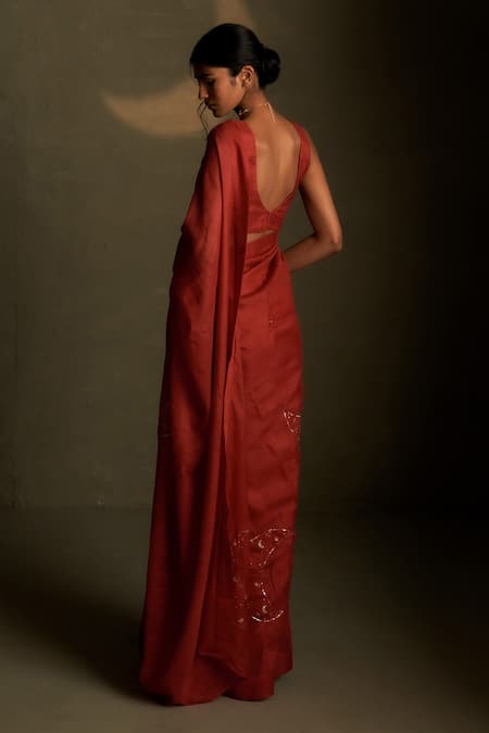 Shop Charkhee Red Chanderi, Voile Embroidery V-, Scoop Mul Saree With Blouse at Aza Fashions Shop_Charkhee_Red Chanderi, Voile Embroidery V-, Scoop Mul Saree With Blouse _at_Aza_Fashions