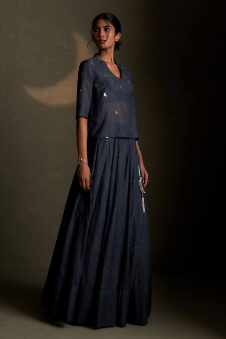 Shop Charkhee Blue Chanderi, Voile Embroidery V-neck Cresent Moon Pattern Tunic And Lehenga Set at Aza Fashions Shop_Charkhee_Blue Chanderi, Voile Embroidery V-neck Cresent Moon Pattern Tunic And Lehenga Set _at_Aza_Fashions