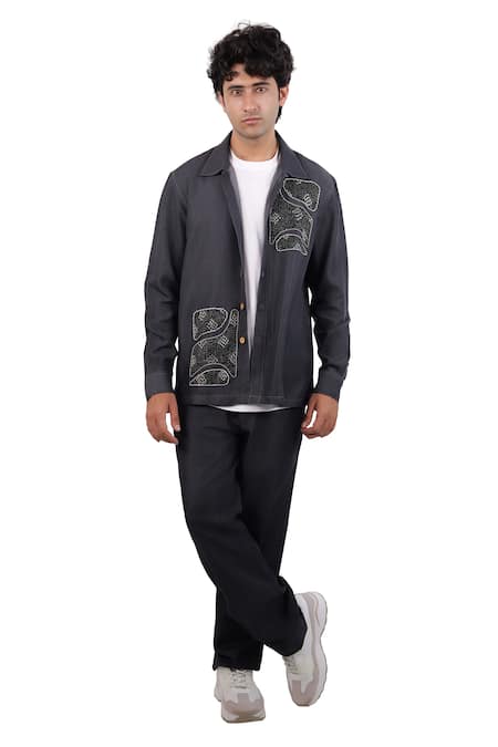Raw & Rustic By Niti Bothra Black Tencel, Denim Embroidery, Patchwork Kantha Shacket 