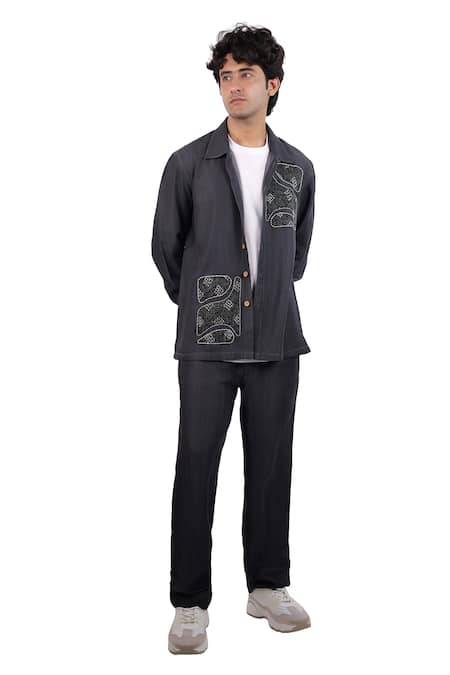 Shop Raw & Rustic By Niti Bothra Black Tencel, Denim Embroidery, Patchwork Kantha Shacket Online at Aza Fashions Shop_Raw & Rustic By Niti Bothra_Black Tencel, Denim Embroidery, Patchwork Kantha Shacket _Online_at_Aza_Fashions