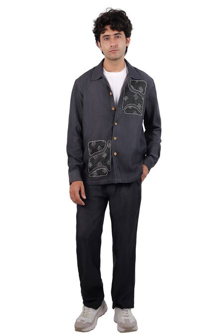 Raw & Rustic By Niti Bothra Black Tencel, Denim Embroidery, Patchwork Kantha Shacket at Aza Fashions Raw & Rustic By Niti Bothra_Black Tencel, Denim Embroidery, Patchwork Kantha Shacket _at_Aza_Fashions