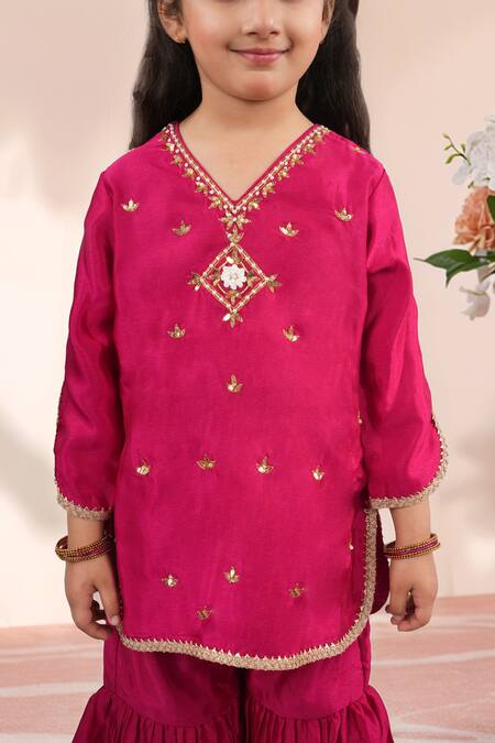 Buy Petite Pomme Rose Gold Silk Embroidery, Metallic Thread, Lace Butti Work Kurta Sharara Set Online at Aza Fashions Buy_Petite Pomme_Rose Gold Silk Embroidery, Metallic Thread, Lace Butti Work Kurta Sharara Set _Online_at_Aza_Fashions