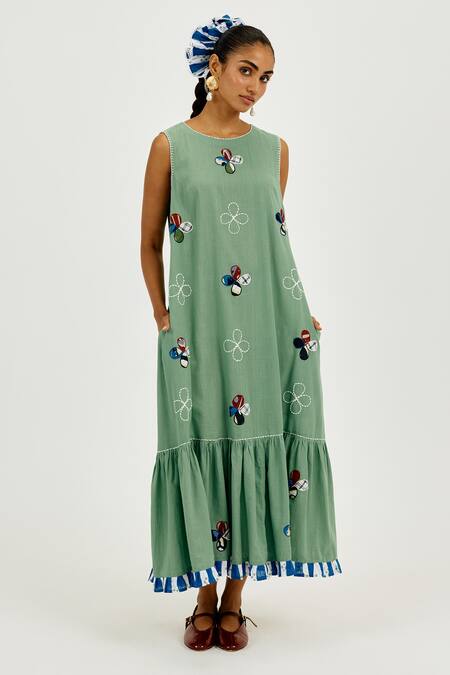 Jodi Green Cotton Applique, Embroidery Round Neck Emi Dress Online at Aza Fashions Jodi_Green Cotton Applique, Embroidery Round Neck Emi Dress _Online_at_Aza_Fashions