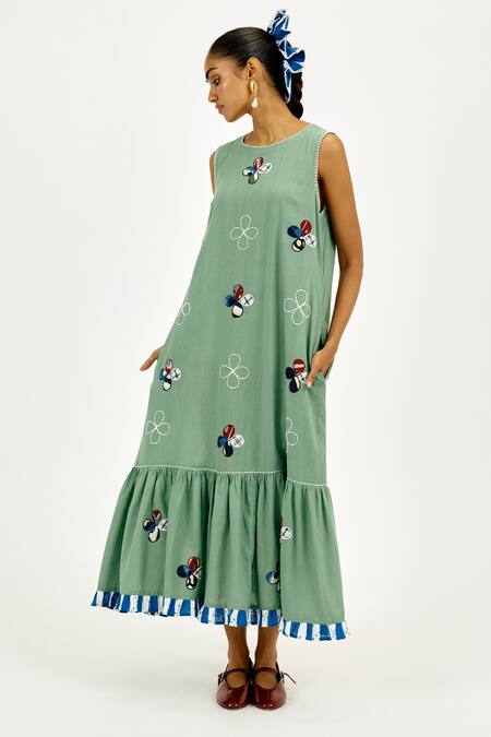 Buy Jodi Green Cotton Applique, Embroidery Round Neck Emi Dress Online at Aza Fashions Buy_Jodi_Green Cotton Applique, Embroidery Round Neck Emi Dress _Online_at_Aza_Fashions