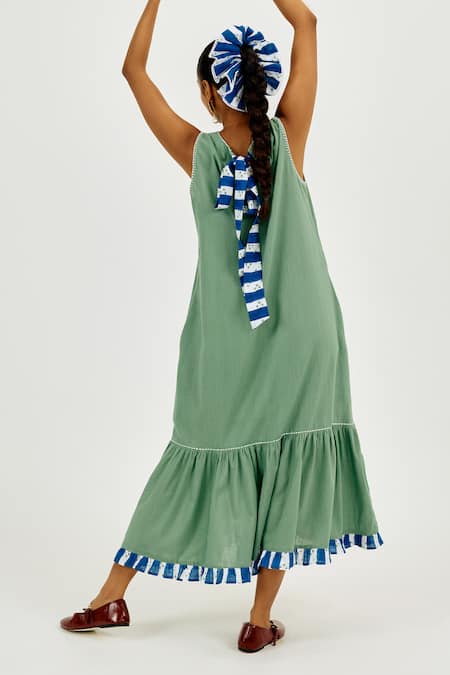 Shop Jodi Green Cotton Applique, Embroidery Round Neck Emi Dress at Aza Fashions Shop_Jodi_Green Cotton Applique, Embroidery Round Neck Emi Dress _at_Aza_Fashions