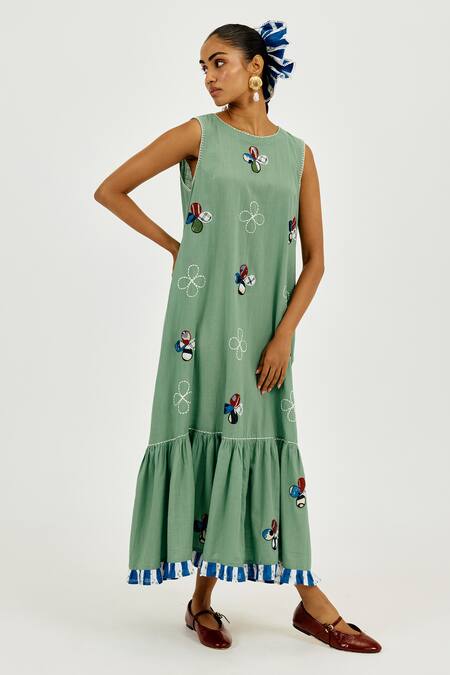Shop Jodi Green Cotton Applique, Embroidery Round Neck Emi Dress Online at Aza Fashions Shop_Jodi_Green Cotton Applique, Embroidery Round Neck Emi Dress _Online_at_Aza_Fashions
