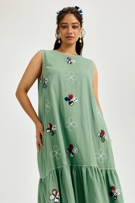 Jodi Green Cotton Applique, Embroidery Round Neck Emi Dress at Aza Fashions Jodi_Green Cotton Applique, Embroidery Round Neck Emi Dress _at_Aza_Fashions