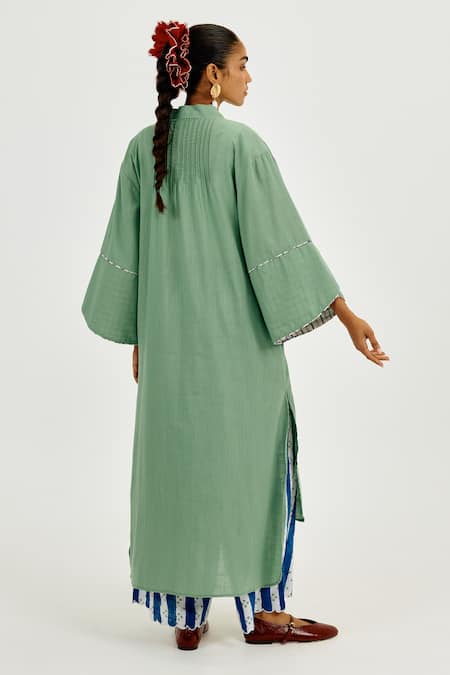 Shop Jodi Green Cotton Applique, Embroidery V-neck Emi Bird Charm Long Tunic at Aza Fashions Shop_Jodi_Green Cotton Applique, Embroidery V-neck Emi Bird Charm Long Tunic _at_Aza_Fashions