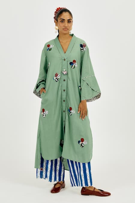 Jodi Green Cotton Applique, Embroidery V-neck Emi Bird Charm Long Tunic 