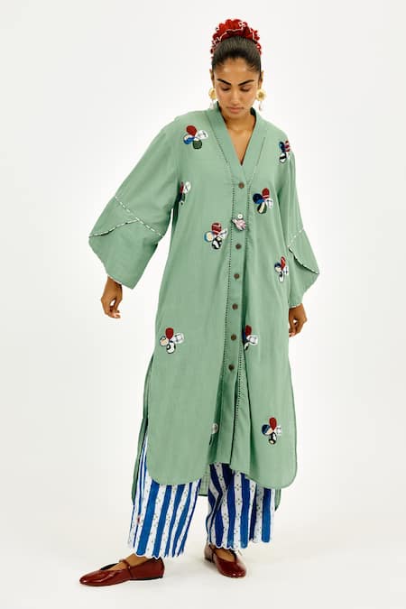 Jodi Green Cotton Applique, Embroidery V-neck Emi Bird Charm Long Tunic Online at Aza Fashions Jodi_Green Cotton Applique, Embroidery V-neck Emi Bird Charm Long Tunic _Online_at_Aza_Fashions