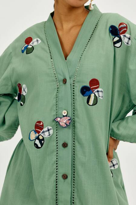 Shop Jodi Green Cotton Applique, Embroidery V-neck Emi Bird Charm Long Tunic Online at Aza Fashions Shop_Jodi_Green Cotton Applique, Embroidery V-neck Emi Bird Charm Long Tunic _Online_at_Aza_Fashions
