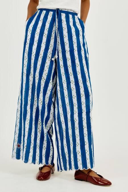 Jodi_Blue Cotton Embroidery Ira Stripe Trouser _Online_at_Aza_Fashions