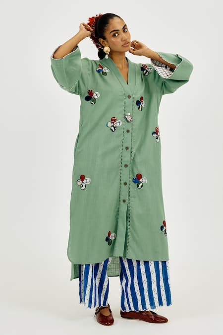 Shop_Jodi_Blue Cotton Embroidery Ira Stripe Trouser _Online_at_Aza_Fashions