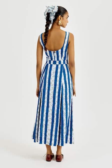 Shop Jodi Blue Cotton Applique Boat Neck Ira Printed Dress at Aza Fashions Shop_Jodi_Blue Cotton Applique Boat Neck Ira Printed Dress _at_Aza_Fashions