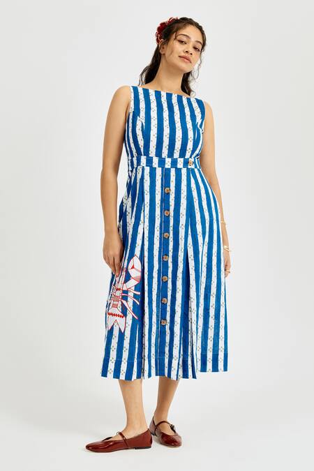 Shop Jodi Blue Cotton Applique Boat Neck Ira Printed Dress Online at Aza Fashions Shop_Jodi_Blue Cotton Applique Boat Neck Ira Printed Dress _Online_at_Aza_Fashions