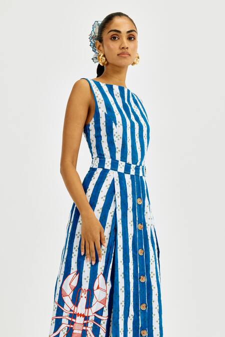 Jodi Blue Cotton Applique Boat Neck Ira Printed Dress at Aza Fashions Jodi_Blue Cotton Applique Boat Neck Ira Printed Dress _at_Aza_Fashions